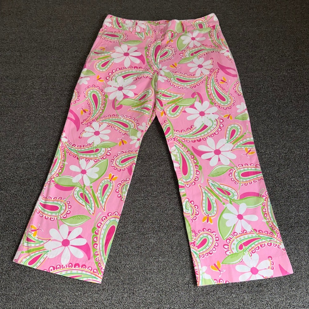 VTG Lilly Pulitzer Pink Paisley Floral Daisy Straight Leg Crop Pants Women's 6